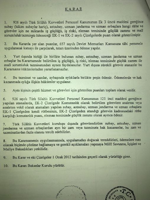 TSK'DA GÖREVLİ BELİRLİ SINIF VE KADROLARA YAPILAN ZAM KARARNAMESİ