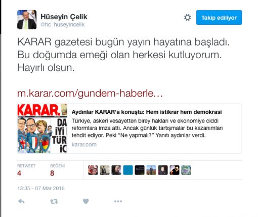 Hüseyin Çelik, Erdoğan muhaliflerinin gazetesini tebrik etti