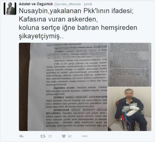 Nusaybin'de yakalanan PKK'lının ifadesi; Kafasına vuran askerden, koluna sertçe iğne batıran hemşireden şikayetçiymiş..