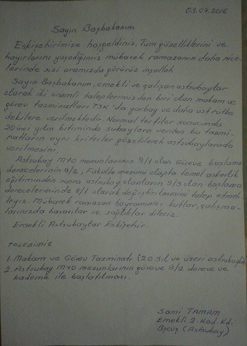 Emekli Assubay Sami TAMAM iftar yemeği sonrası Başbakan Binali YILDIRIM ile görüşmesini yazdı.