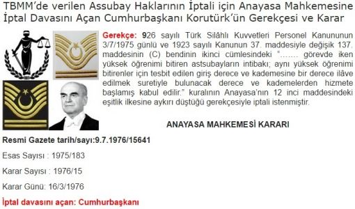 Cumhurbaşkanı Korutürk'ün İptal Ettirmek için Anayasa Mahkemesine Başvurduğu 926 sayılı TSK Personel Kanunu