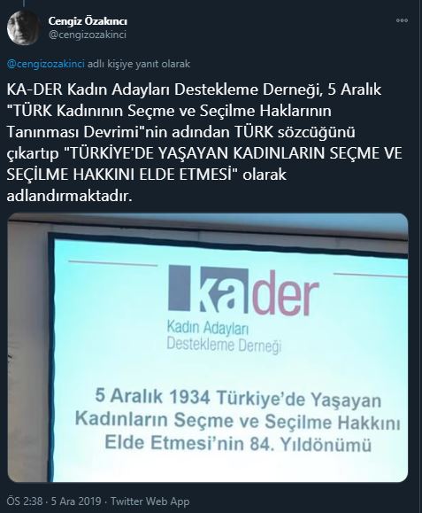 Cengiz Özakıncı, 5 Aralık “Türk Kadının Seçme Seçilme Hakkı”nın 2011’den sonra “Dünya Kadın Hakları Günü” adı altında kutlanıldığına dikkat çekti