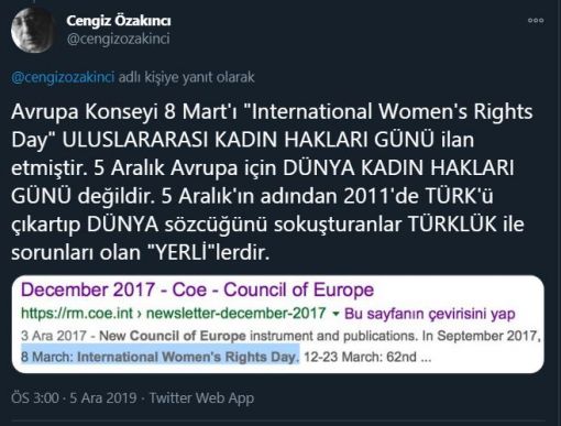 Cengiz Özakıncı, 5 Aralık “Türk Kadının Seçme Seçilme Hakkı”nın 2011’den sonra “Dünya Kadın Hakları Günü” adı altında kutlanıldığına dikkat çekti