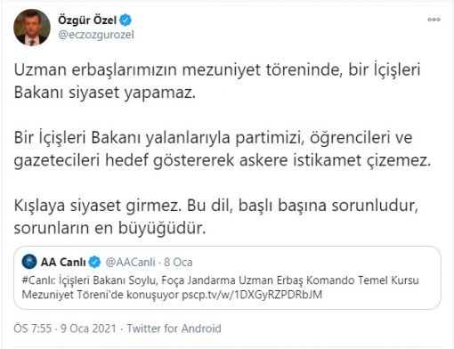 Özgür Özel'den Süleyman Soylu'ya "kışlada siyaset" tepkisi